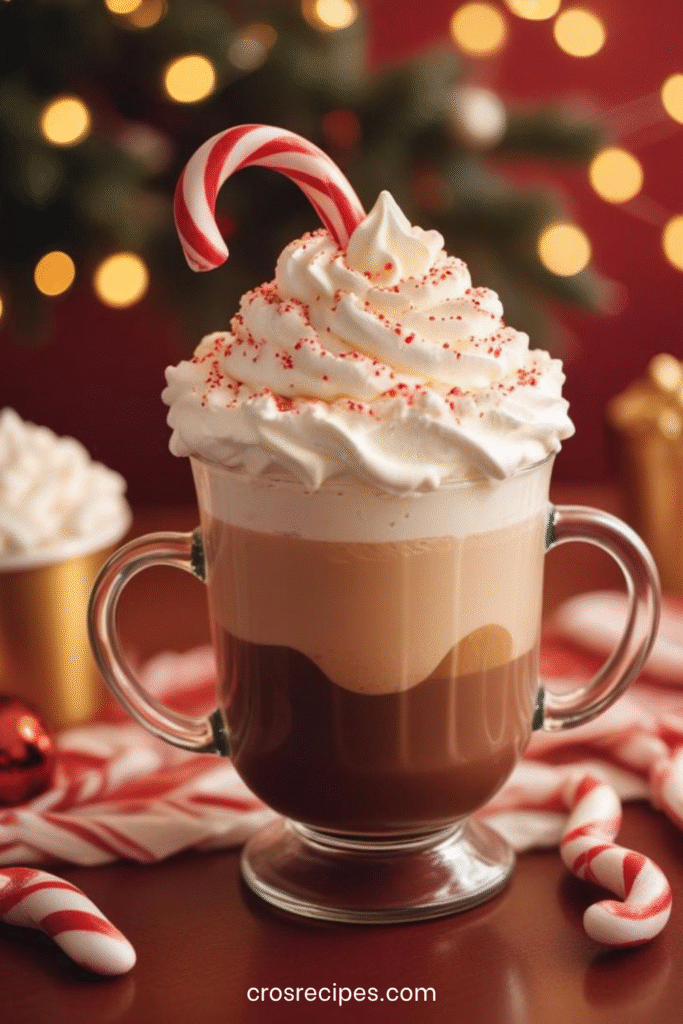 Tasse de chocolat chaud à la menthe poivrée garnie de crème fouettée et de morceaux de cannes à sucre.