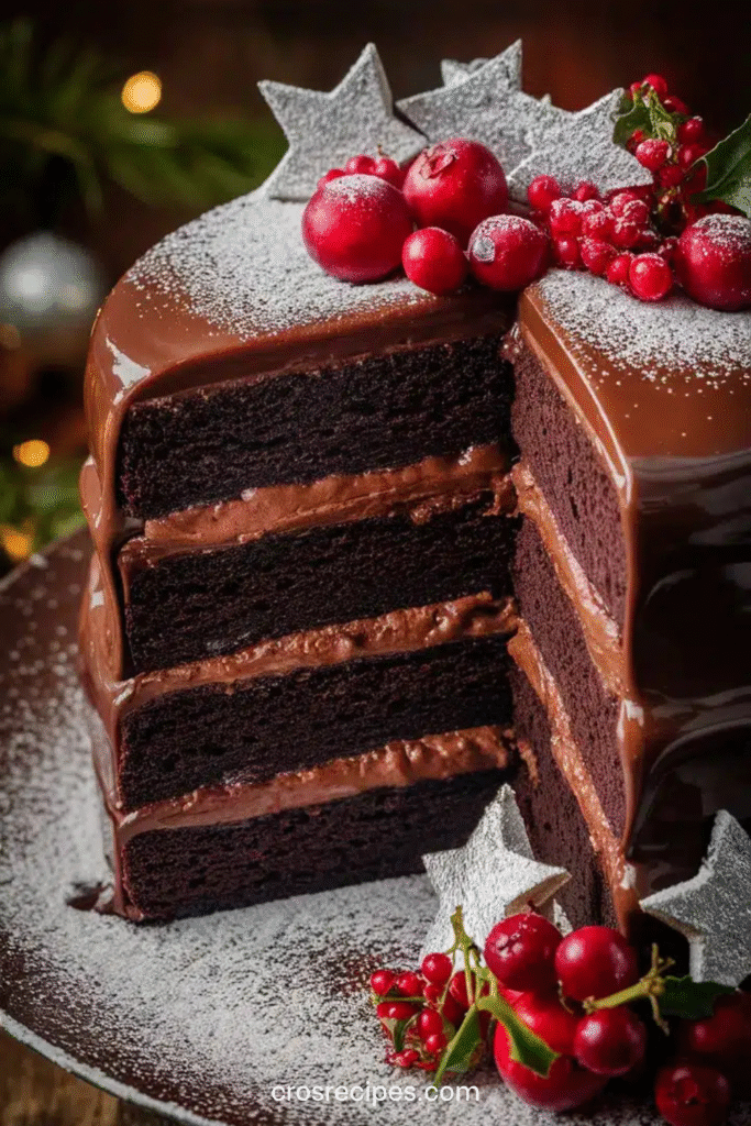 Gâteau Noël à étages au chocolat décoré de baies rouges, d’airelles et de sucre glace sur un plateau festif de Noël.
