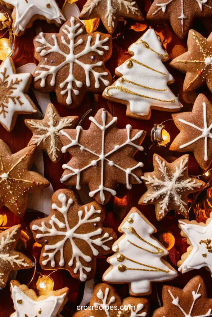 Biscuits de Noël au pain d’épices en forme d’étoiles et de sapins décorés de glaçage royal blanc.