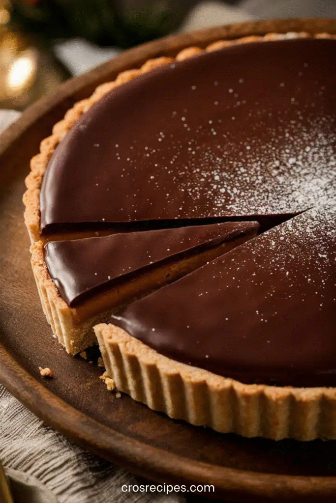 Tarte chocolat et caramel au beurre salé avec ganache brillante et fond de pâte sablée au cacao.