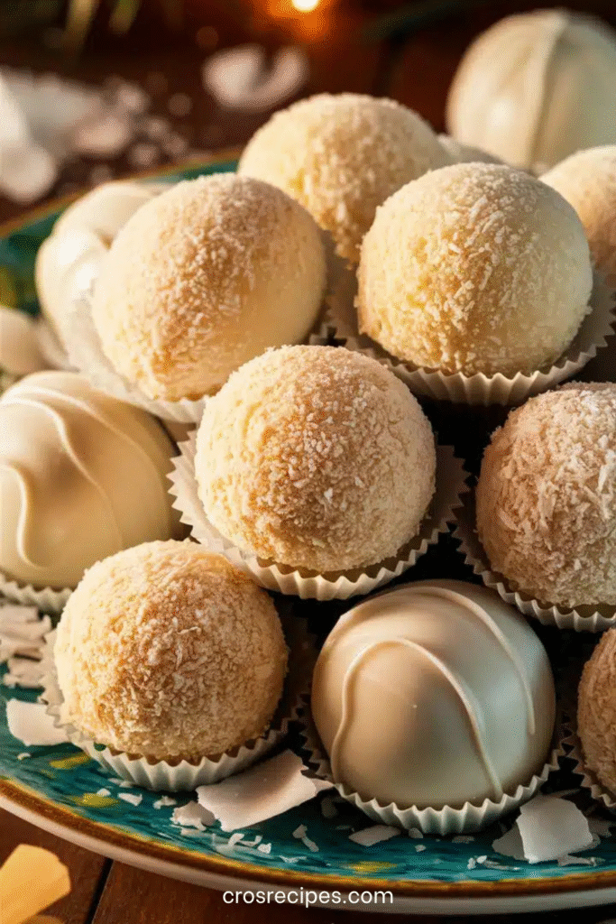 Truffes brésiliennes Beijinhos roulées dans la noix de coco et nappées de chocolat blanc, présentées dans des caissettes festives.