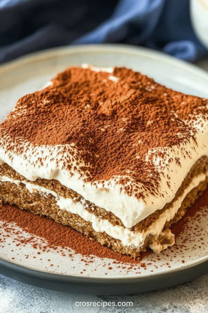Tiramisu sain au yaourt grec et mascarpone saupoudré de cacao dans un plat en verre.