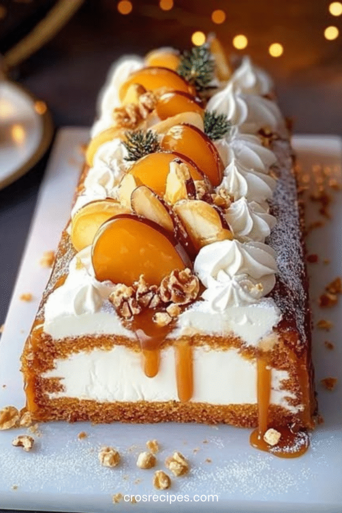 Bûche roulée garnie de caramel beurre salé, pommes caramélisées et spéculoos, décorée pour Noël.