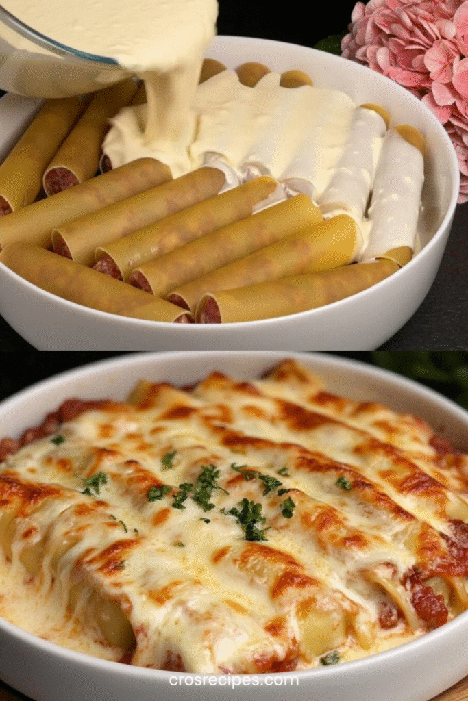Cannelloni farcis au bœuf gratinés au parmesan avec sauce mozzarella crémeuse dans un plat au four.