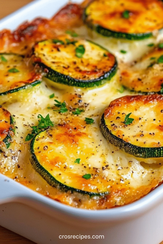 Gratin de courgettes doré au fromage allégé, servi dans un plat familial avec persil frais.