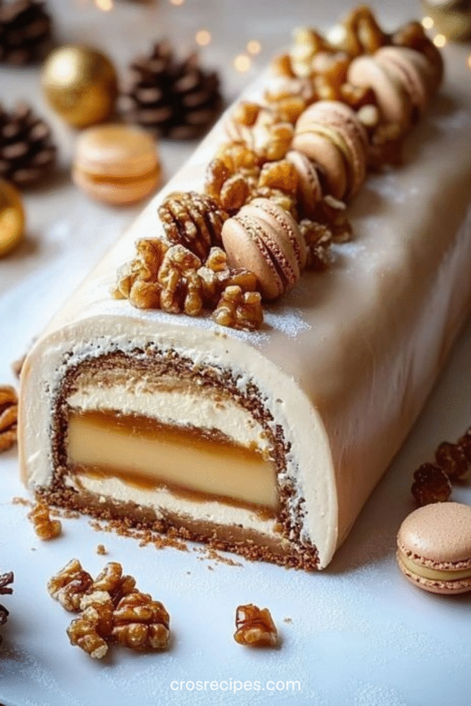 Bûche de Noël à la vanille, caramel et noisettes décorée de macarons et de noix sur un plateau festif.