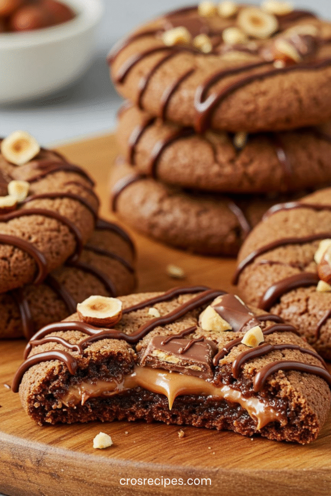 Cookieschocolat fourrés au caramel fondant et parsemés de noisettes hachées.