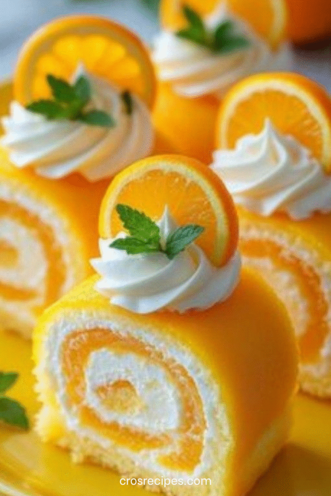 Gâteau roulé moelleux parfumé à l’orange, garni de crème et décoré de tranches d’orange.