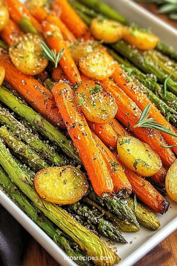 Assortiment de légumes rôtis au four, asperges, carottes et pommes de terre dorées avec herbes et fleur de sel.