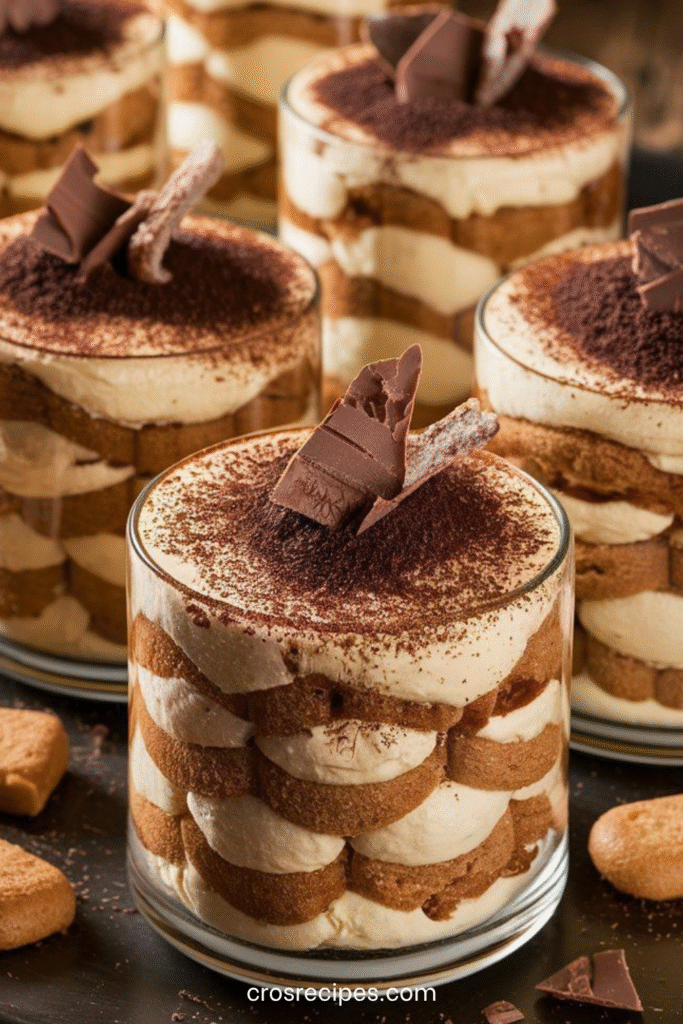 Tiramisu italien traditionnel en verrine avec cacao tamisé et copeaux de chocolat.