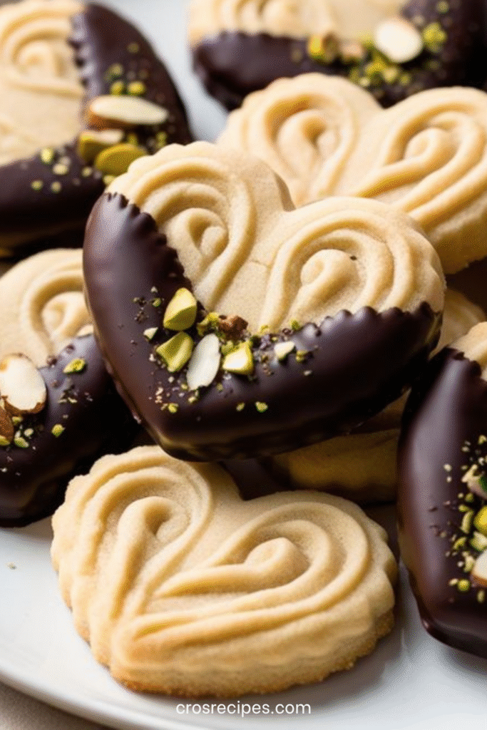 Sablés viennois en forme de cœur, trempés dans le chocolat noir et décorés de pistaches et d’amandes.