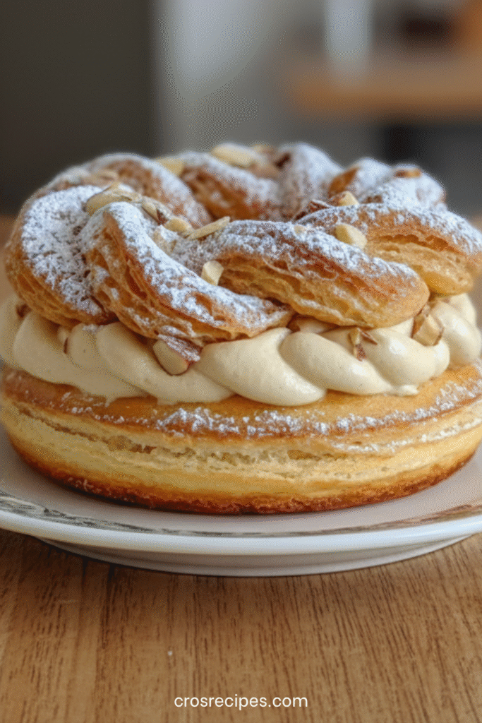 Paris-Brest praliné garni d’une crème pralinée onctueuse et décoré d’amandes grillées.