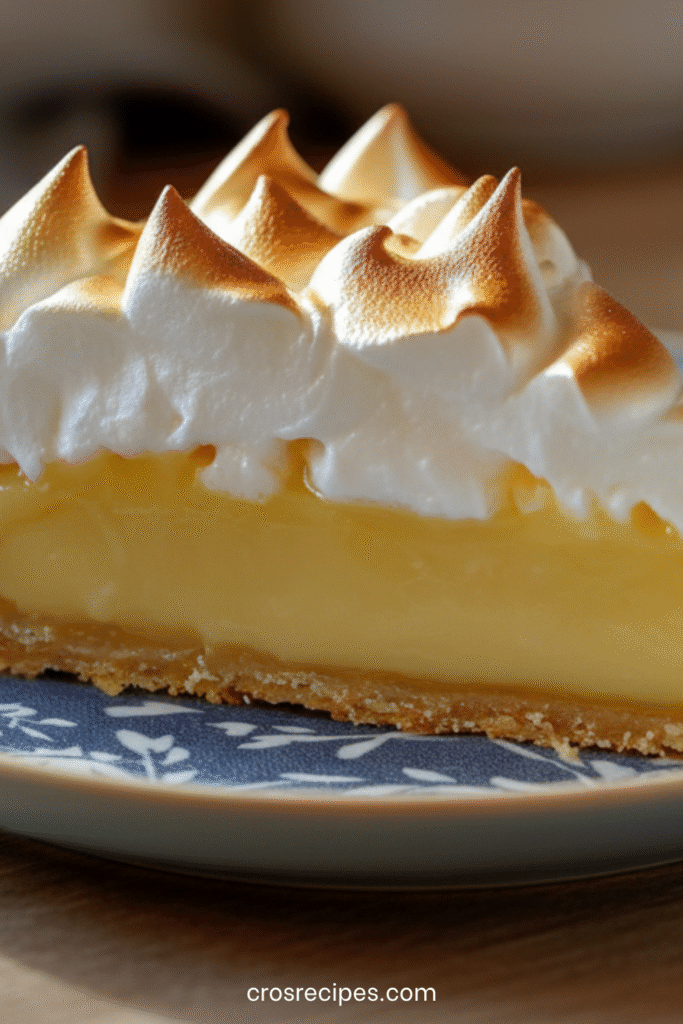 Tarte au citron meringuée avec crème citronnée brillante et meringue italienne dorée.