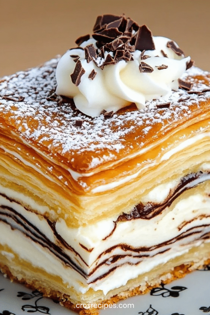 Millefeuille vanille maison composé de trois couches de pâte feuilletée et de crème diplomate onctueuse, saupoudré de sucre glace.