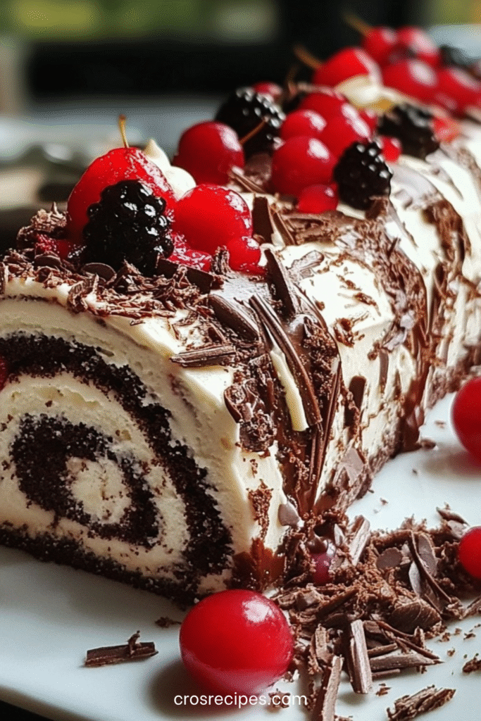 Gâteau roulé Forêt-Noire garni de chantilly, cerises et copeaux de chocolat noir.