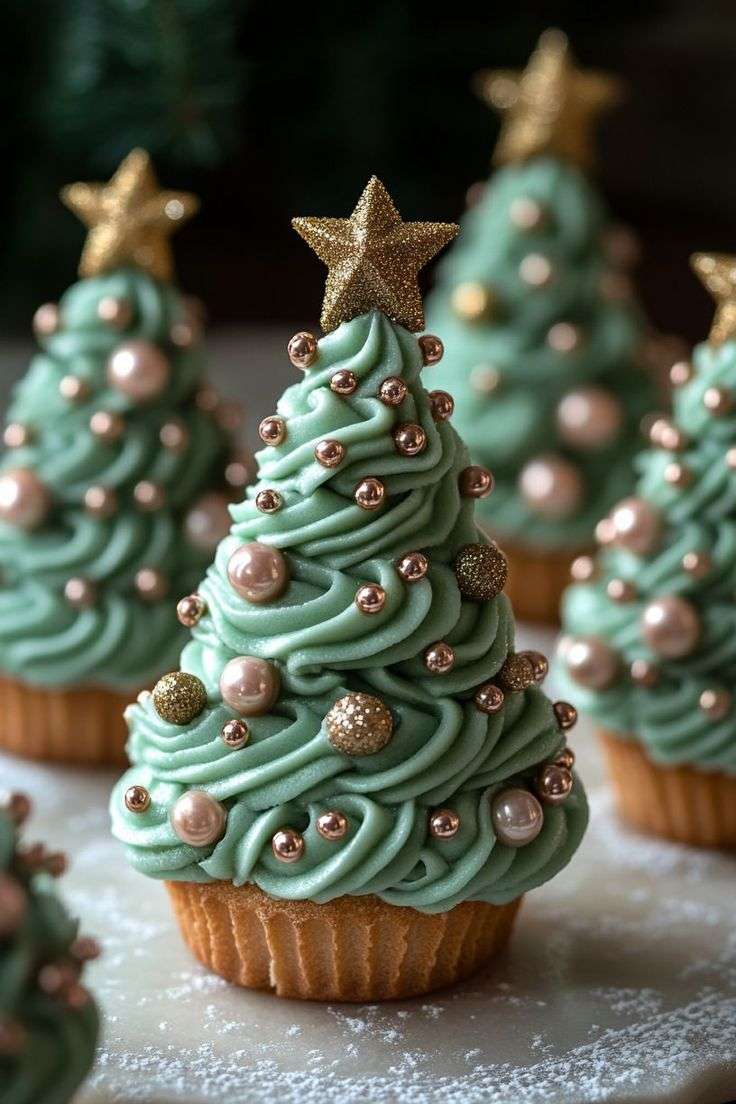 Cupcakes sapin décorés en forme de sapins avec glaçage crème au beurre vert et perles de sucre.
