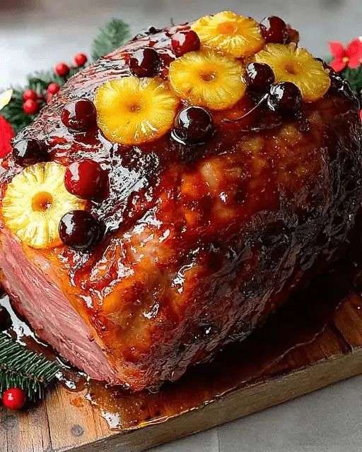 Jambon rôti glacé décoré de tranches d’ananas et cerises rouges.
