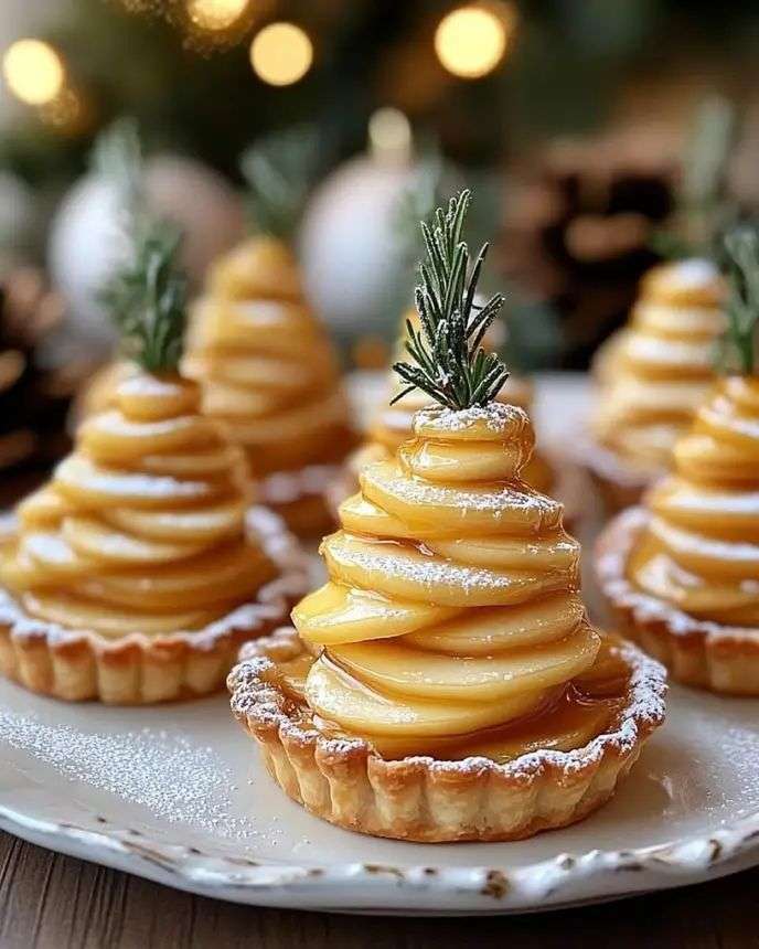 Tartelettes sapins garnies de pommes fines et caramel, décorées de sucre glace.