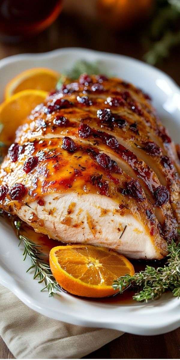 Blanc de dinde rôti nappé d’un glaçage à la canneberge et à l’orange, décoré de romarin.
