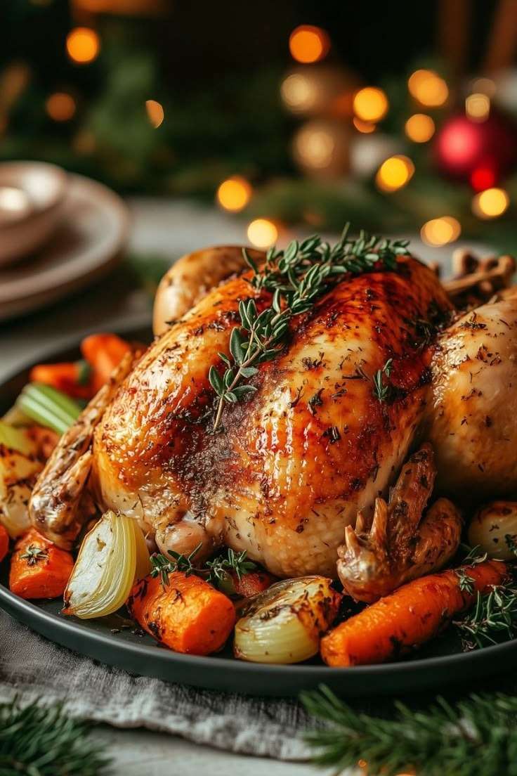 Poulet entier rôti au four entouré de légumes carottes, oignons et céleri.