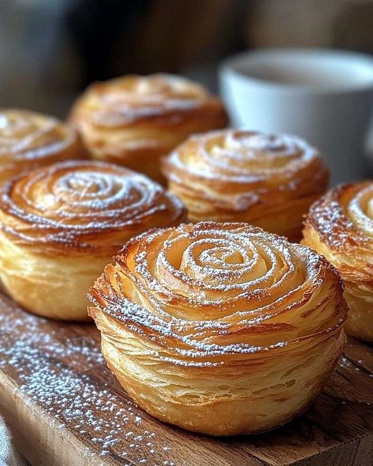 Cruffins feuilletés dorés et saupoudrés de sucre glace dans des moules à muffins.
