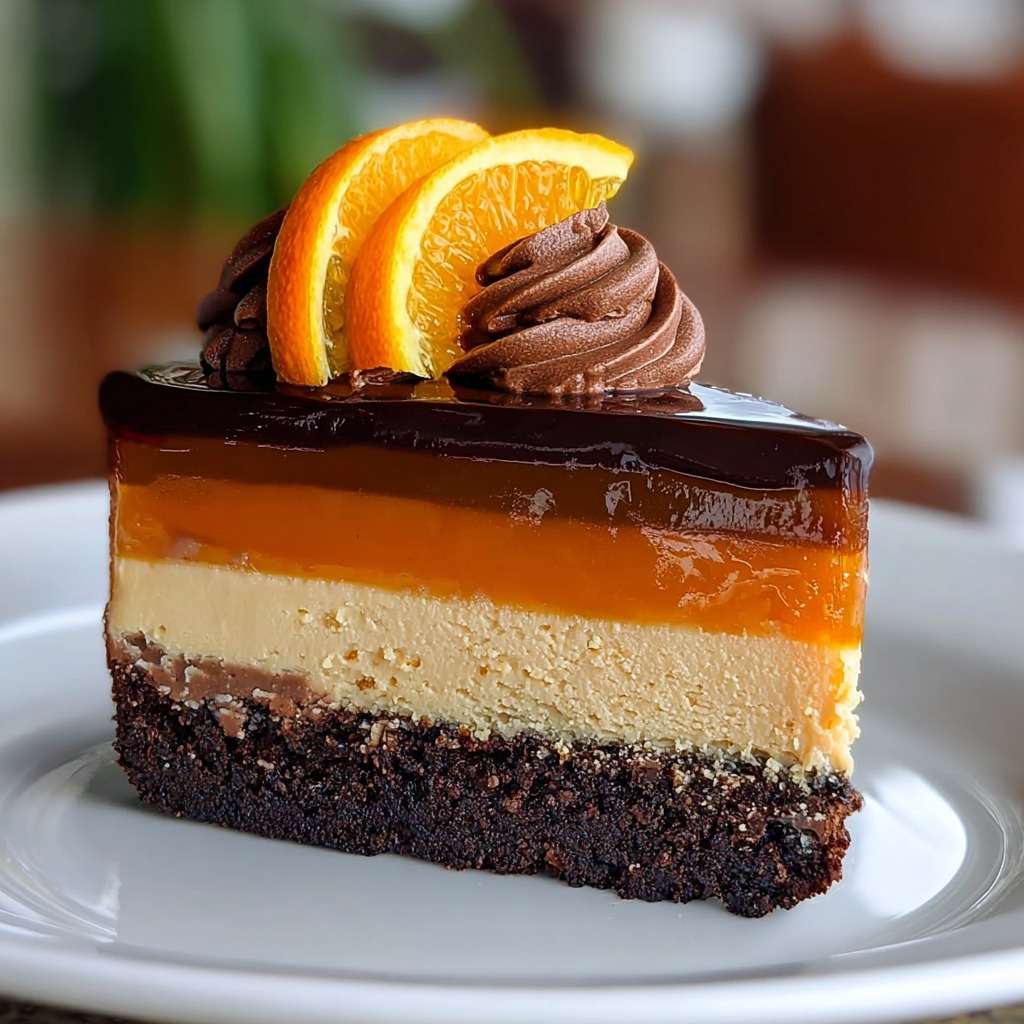 Cheesecake chocolat et à l’orange nappé de glaçage orange brillant avec zestes décoratifs.