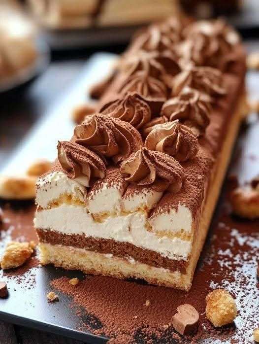 Bûche tiramisu roulée recouverte de crème mascarpone et saupoudrée de cacao.