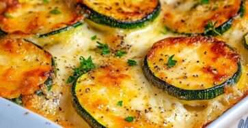 Gratin de courgettes doré au fromage allégé, servi dans un plat familial avec persil frais.