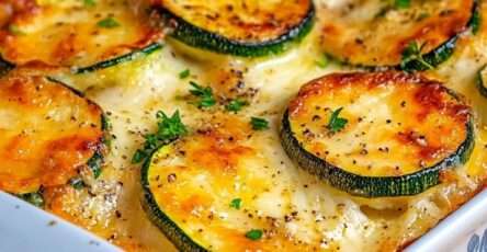 Gratin de courgettes doré au fromage allégé, servi dans un plat familial avec persil frais.
