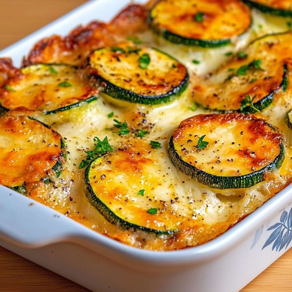Gratin de courgettes doré au fromage allégé, servi dans un plat familial avec persil frais.