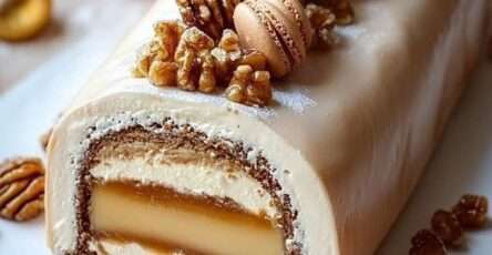 Bûche de Noël à la vanille, caramel et noisettes décorée de macarons et de noix sur un plateau festif.