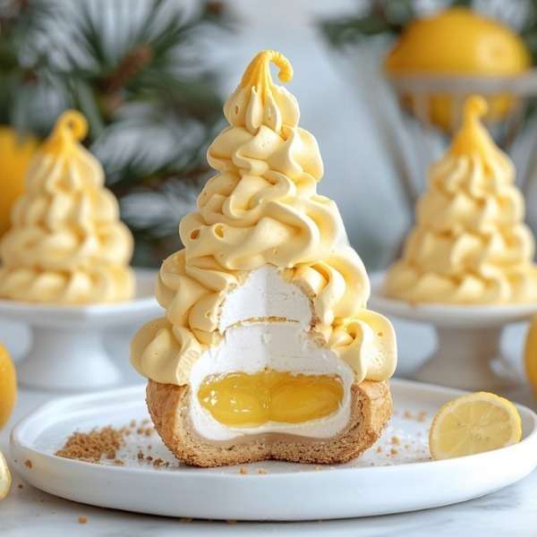 Choux au citron avec coque chocolatée jaune, base biscuitée croustillante et mousse légère au citron.
