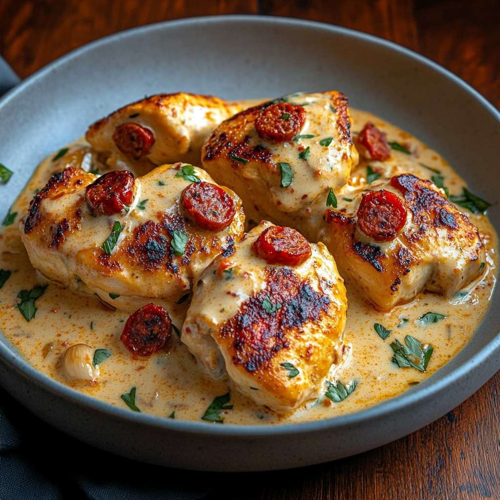 Poulet crémeux au chorizo, un plat mijoté express avec sauce onctueuse et persil frais.