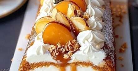 Bûche roulée garnie de caramel beurre salé, pommes caramélisées et spéculoos, décorée pour Noël.