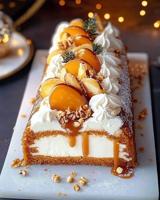 Bûche roulée garnie de caramel beurre salé, pommes caramélisées et spéculoos, décorée pour Noël.