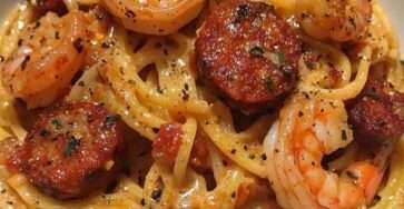Assiette de spaghetti crémeux aux poivrons rouges, chorizo et crevettes, nappés d’une sauce onctueuse.