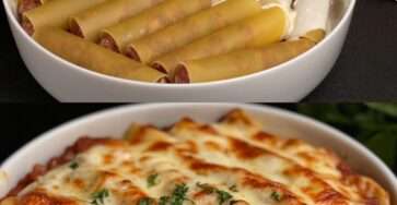 Cannelloni farcis au bœuf gratinés au parmesan avec sauce mozzarella crémeuse dans un plat au four.