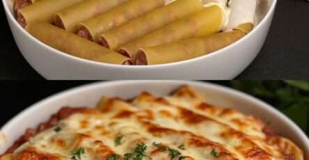 Cannelloni farcis au bœuf gratinés au parmesan avec sauce mozzarella crémeuse dans un plat au four.