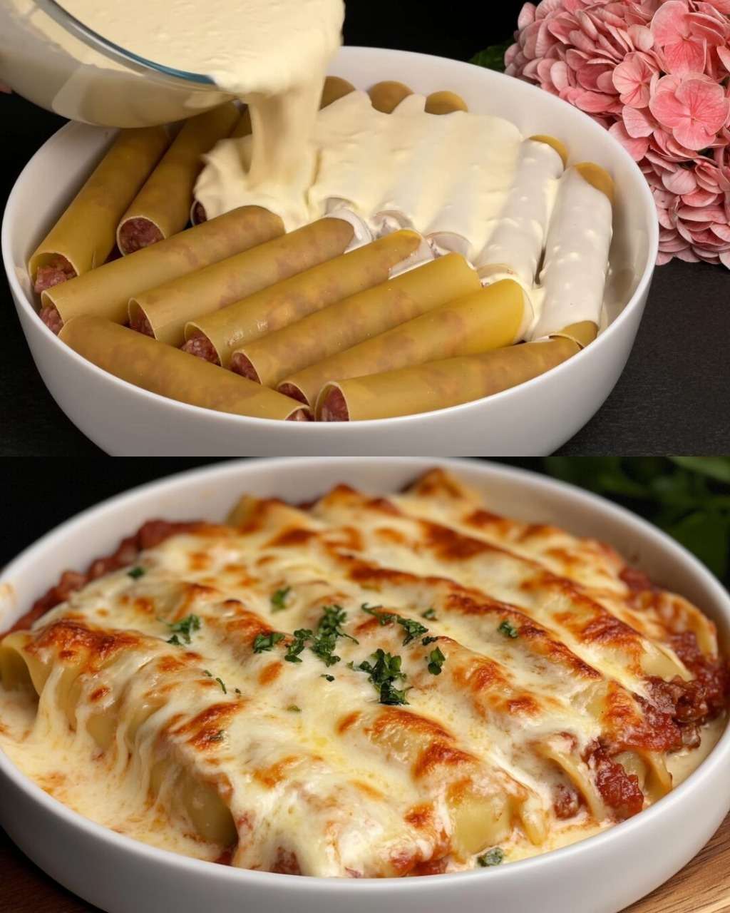 Cannelloni farcis au bœuf gratinés au parmesan avec sauce mozzarella crémeuse dans un plat au four.