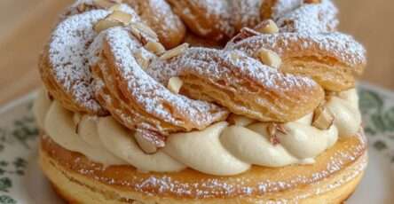 Paris-Brest praliné garni d’une crème pralinée onctueuse et décoré d’amandes grillées.