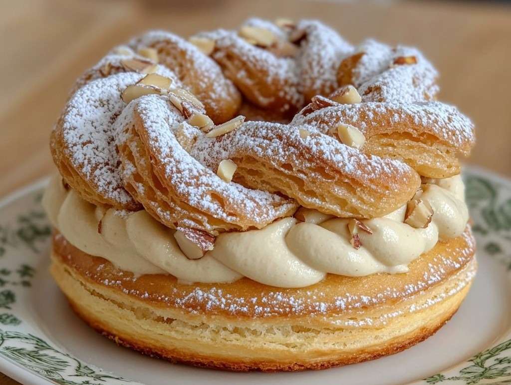 Paris-Brest praliné garni d’une crème pralinée onctueuse et décoré d’amandes grillées.
