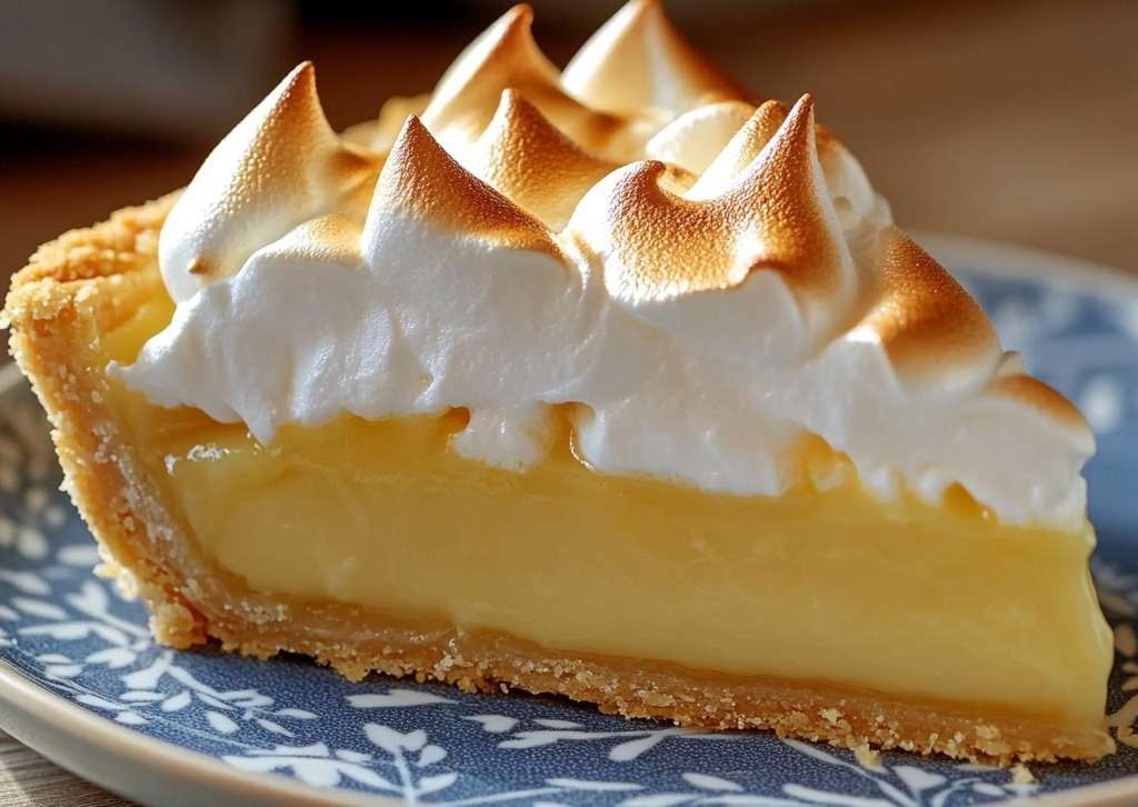 Tarte au citron meringuée avec crème citronnée brillante et meringue italienne dorée.