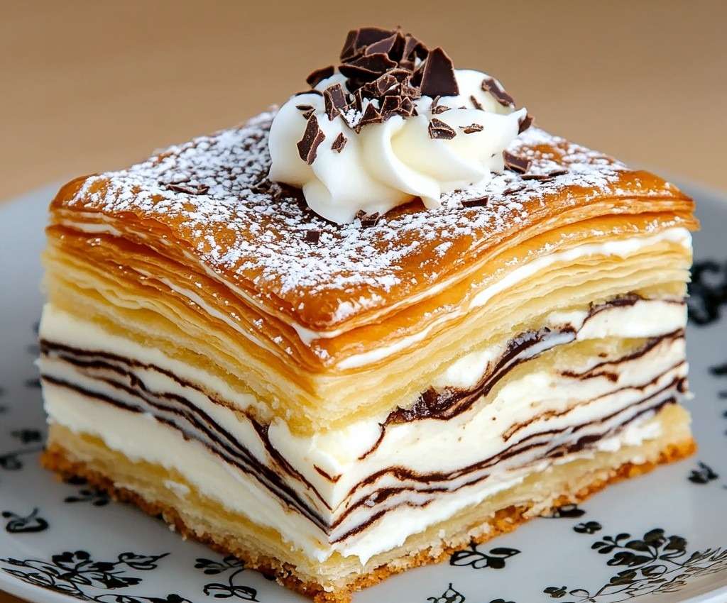 Millefeuille vanille maison composé de trois couches de pâte feuilletée et de crème diplomate onctueuse, saupoudré de sucre glace.