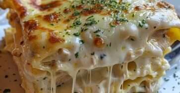 Plat de lasagnes au poulet et champignons, gratinées avec mozzarella et parmesan sur le dessus.