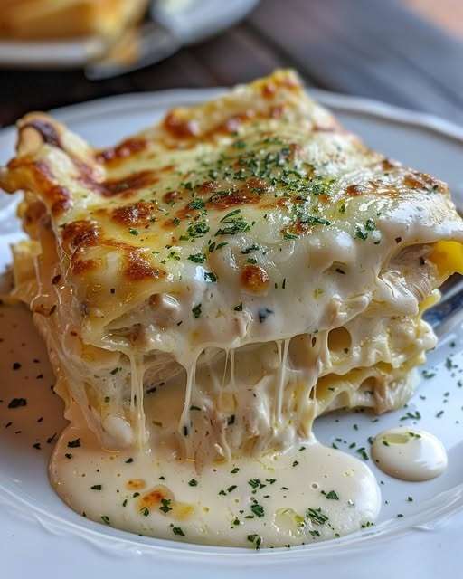 Plat de lasagnes au poulet et champignons, gratinées avec mozzarella et parmesan sur le dessus.
