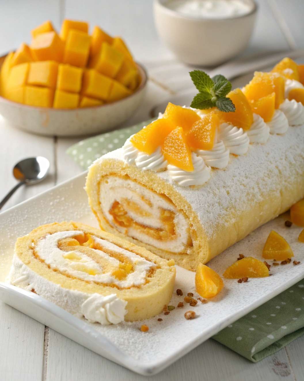 Gâteau roulé à la mangue garni d’une crème à la mangue et mascarpone, décoré de morceaux de mangue fraîche.