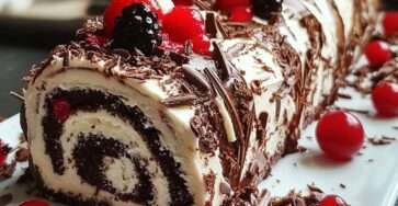 Gâteau roulé Forêt-Noire garni de chantilly, cerises et copeaux de chocolat noir.