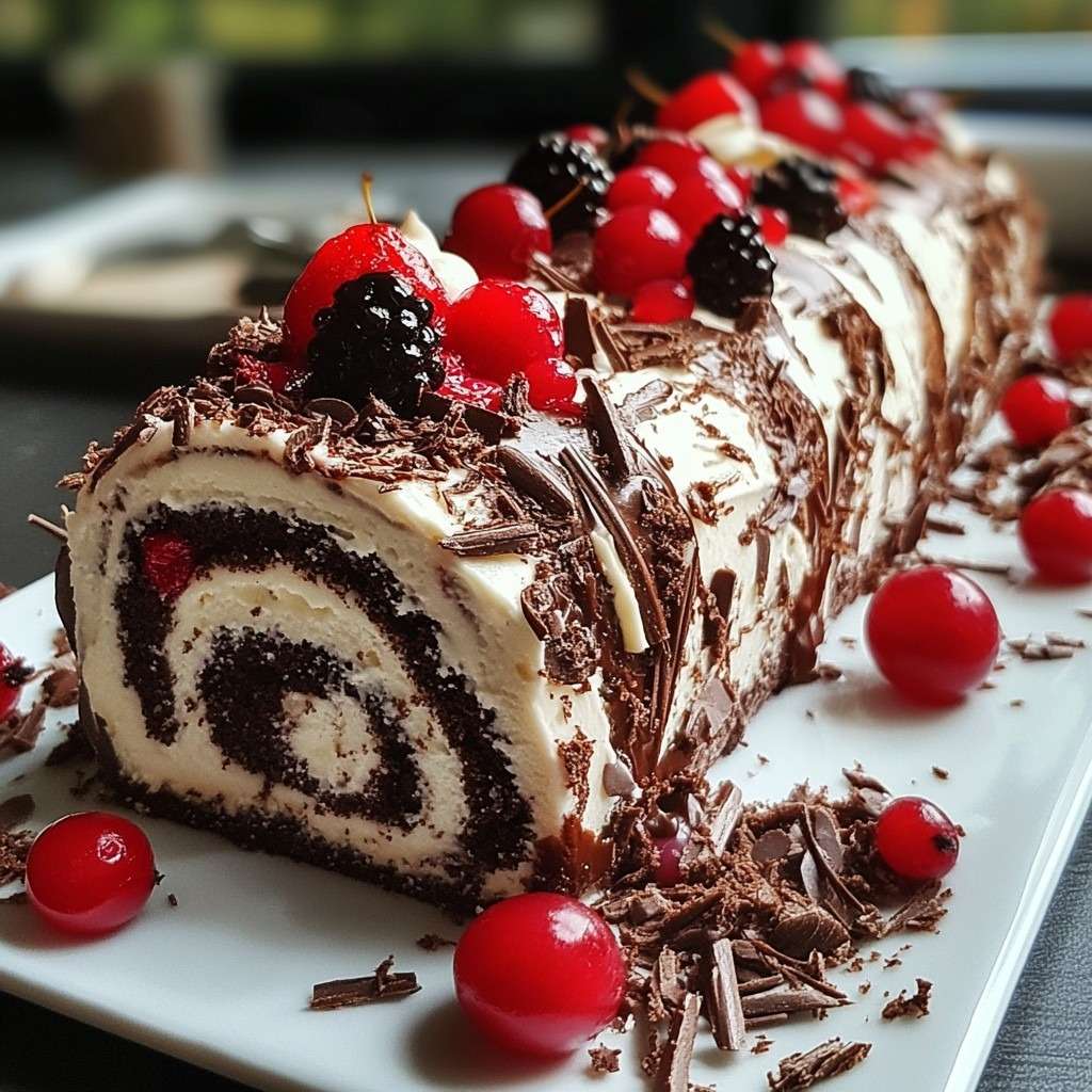 Gâteau roulé Forêt-Noire garni de chantilly, cerises et copeaux de chocolat noir.