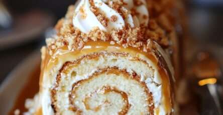 Gâteau roulé garni de crème caramel au beurre salé et nappé de caramel.