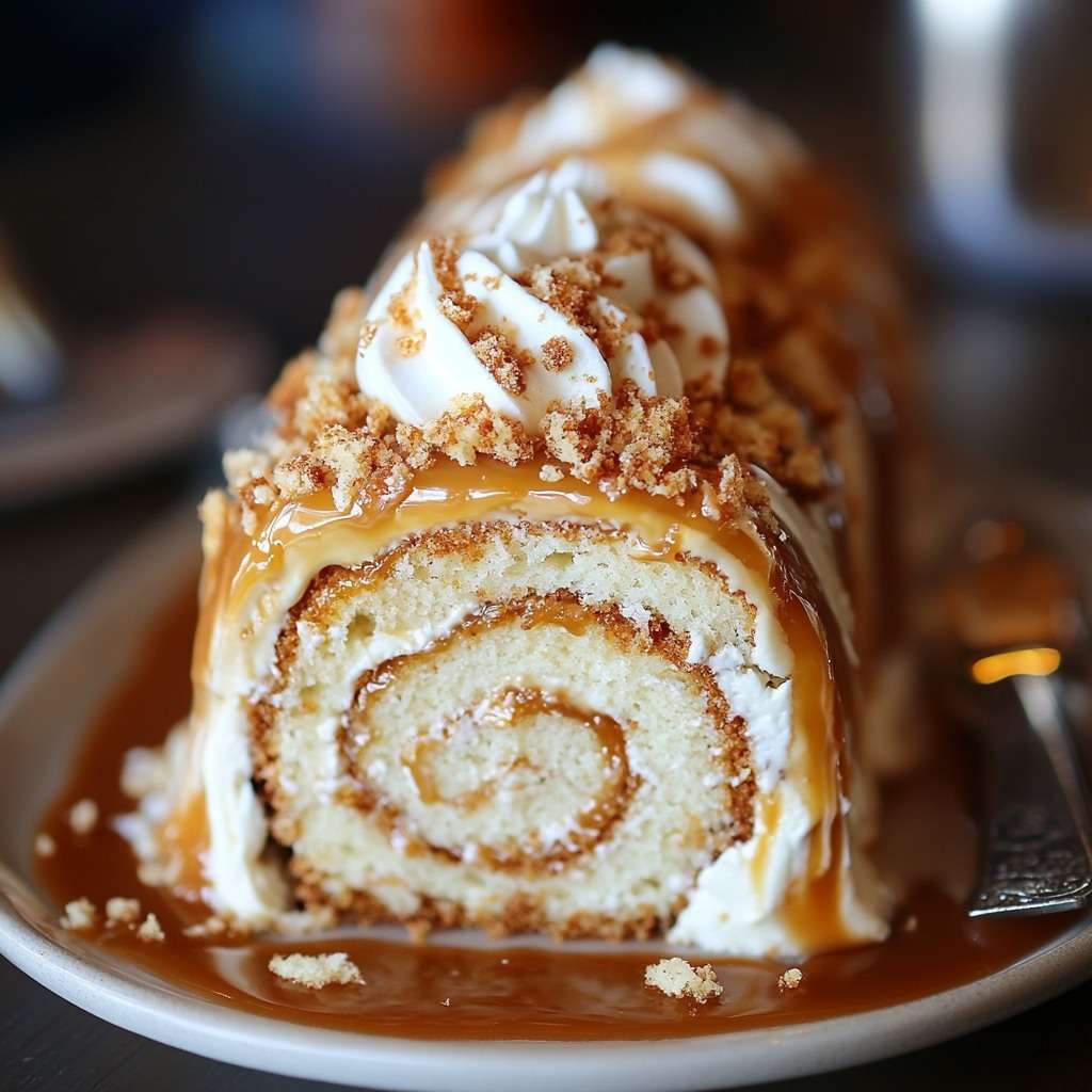 Gâteau roulé garni de crème caramel au beurre salé et nappé de caramel.